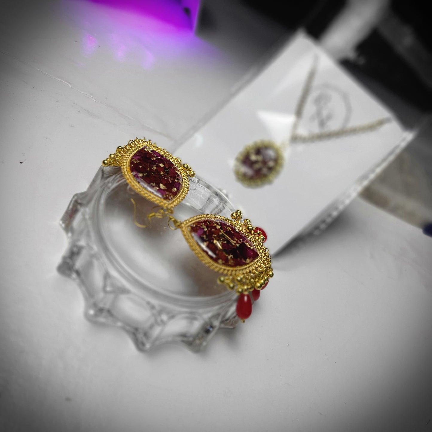Dry Flower Preserved Jhumka & Locket (Red Rose Edition)